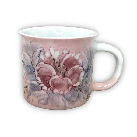 Caneca Ágata Café com Leite Chá de Porcelana 200 ml Colorida e Pintada à Mão AZALEIA ROSA/ ROSA BRANCO