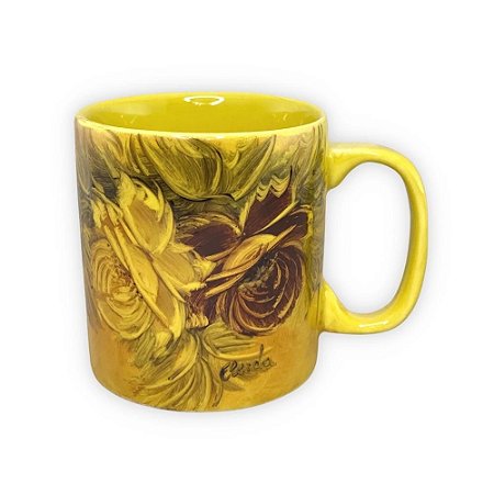 Caneca Café com Leite Chá Reta de Porcelana 230 ml Colorida e Pintada à Mão ROSAS AMARELA VERMELHA COR AMARELA