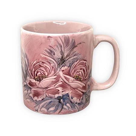 Caneca Café com Leite Chá Reta de Porcelana 230 ml Colorida e Pintada à Mão ROSAS ROSA COM AZUL / ROSA