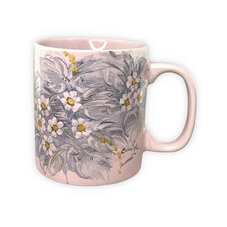 Caneca Café com Leite Chá Reta de Porcelana 230 ml Colorida e Pintada à Mão MIOSÓTIS BRANCA / ROSA