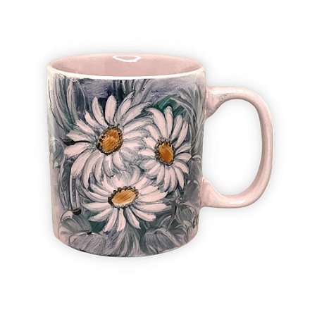 Caneca Café com Leite Chá Reta de Porcelana 230 ml Colorida e Pintada à Mão MARGARIDA BRANCA / ROSA