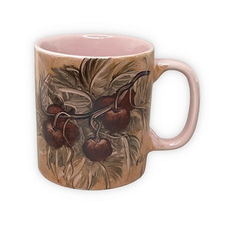 Caneca Café com Leite Chá Reta de Porcelana 230 ml Colorida e Pintada à Mão CEREJAS VERMELHAS / ROSA