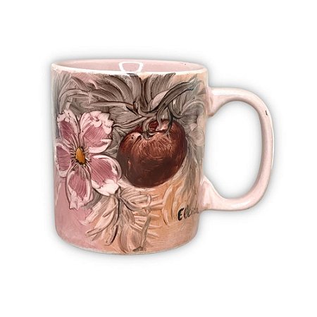 Caneca Café com Leite Chá Reta de Porcelana 230 ml Colorida e Pintada à Mão AZALEIA SILVESTRE COM MAÇA / ROSA