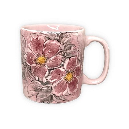 Caneca Café com Leite Chá Reta de Porcelana 230 ml Colorida e Pintada à Mão AZALEIA SILVESTRE ROSA / ROSA