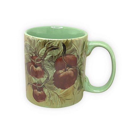 Caneca Café com Leite Chá Reta de Porcelana 310 ml Colorida e Pintada à Mão MAÇA E CEREJA COR VERDE