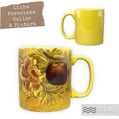 Caneca Café com Leite Chá Reta de Porcelana 310 ml Colorida e Pintada à Mão AZALEIA ROSA MAÇA/ AMARELO