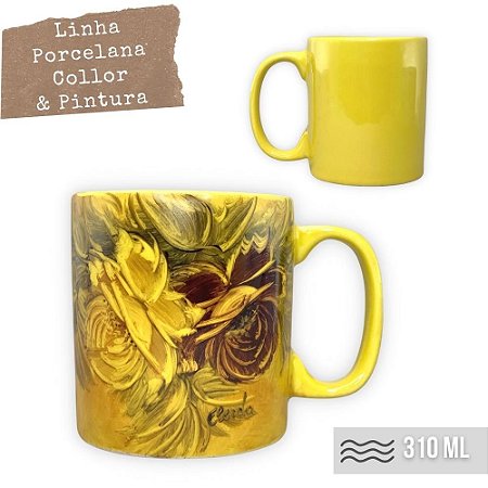 Caneca Café com Leite Chá Reta de Porcelana 310 ml Colorida e Pintada à Mão ROSAS VERMELHA ROSA / AMARELO