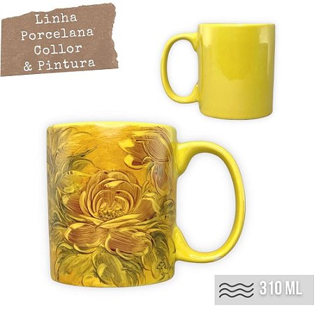 Caneca Café com Leite Chá Reta de Porcelana 310 ml Colorida e Pintada à Mão ROSAS ROSA / AMARELO