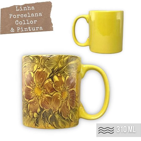 Caneca Café com Leite Chá Reta de Porcelana 310 ml Colorida e Pintada à Mão AZALEIAS ROSA / AMARELO