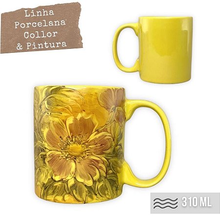 Caneca Café com Leite Chá Reta de Porcelana 310 ml Colorida e Pintada à Mão AZALEIA SILVESTRE ROSA / AMARELO