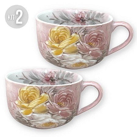 KIT 2 Consumê Jumbo Porcelana Xícara Grande Sopa Cereal 750 ml Pintada à Mão ROSAS BRANCA ROSA AMARELA