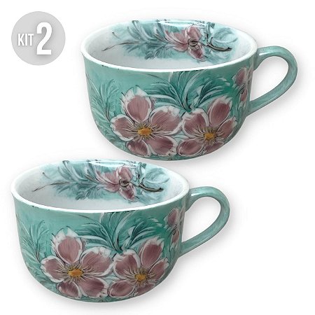 KIT 2 Consumê Jumbo Porcelana Xícara Grande Sopa Cereal 750 ml Pintada à Mão AZALEIA SILVESTRE ROSA