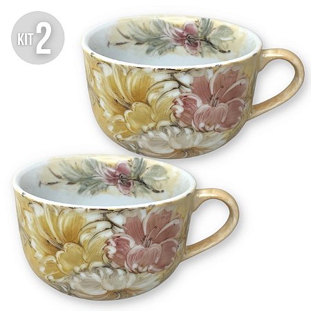 KIT 2 Consumê Jumbo Porcelana Xícara Grande Sopa Cereal 750 ml Pintada à Mão AZALEIAS BRANCA ROSA AMARELA