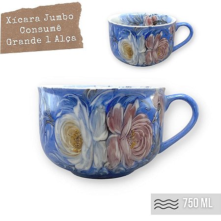 Caneca Jumbo Consume Porcelana Xícara Grande Sopa Cereal 750 ml  ROSAS BRANCA ROSA/AZUL