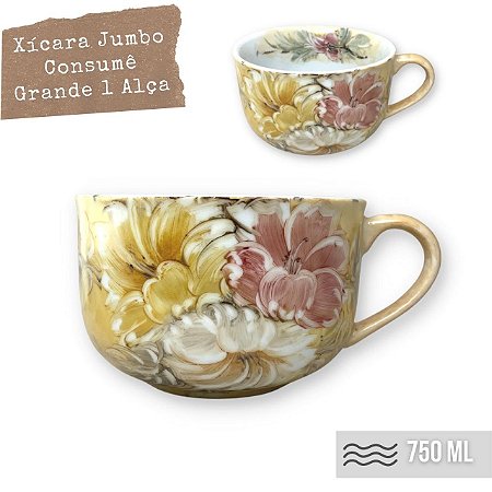 Caneca Jumbo Consume Porcelana Xícara Grande Sopa Cereal 750 ml AZALEIAS BRANCA ROSA AMARELA/AMARELO