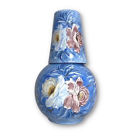 Moringa Bola Grande Jarra Água Fresca com Copo 1,500 Litros Porcelana ROSAS BRANCA ROSA/AZUL
