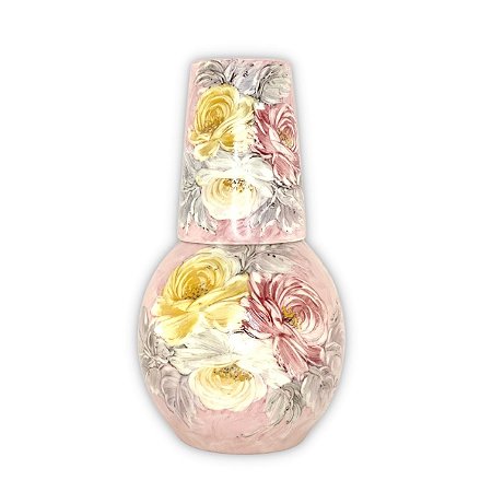 Moringa Bola Grande Jarra Água Fresca com Copo 1,500 Litros Porcelana ROSAS BRANCA ROSA AMARELA/ROSA