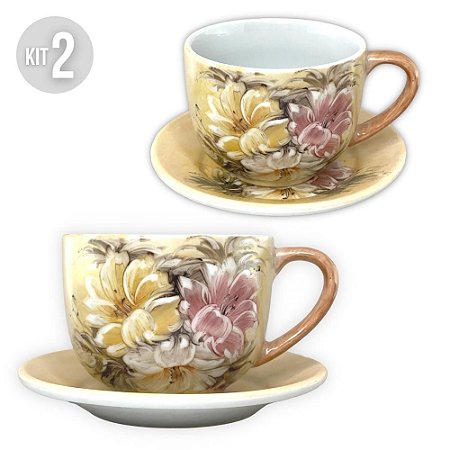 Kit 2 Consumê Jumbo com Prato 500 ml Caneca de Porcelana Xícara Grande Pintada à Mão AZALEIAS BRANCA AMARELA ROSA