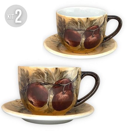 Kit 2 Consumê Jumbo com Prato 500 ml Caneca de Porcelana Xícara Grande Pintada à Mão MAÇAS VERMELHAS