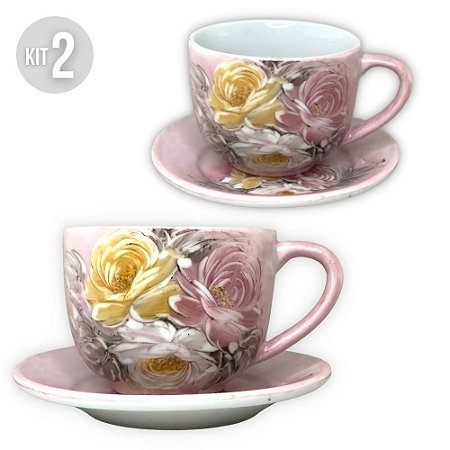 Kit 2 Consumê Jumbo com Prato 500 ml Caneca de Porcelana Xícara Grande Pintada à Mão ROSAS BRANCA ROSA AMARELA