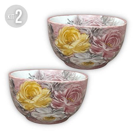 KIT 2 Bowls Tigela Japonesa Cumbuca de Porcelana Açai 500 ml Pintada à Mão ROSAS BRANCA ROSA AMARELA