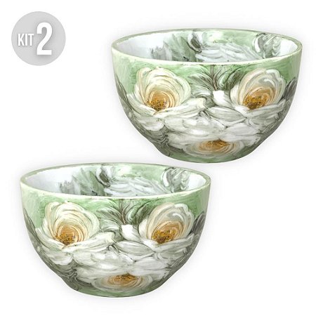 KIT 2 Bowls Tigela Japonesa Cumbuca de Porcelana Açai 500 ml Pintada à Mão ROSAS BRANCA