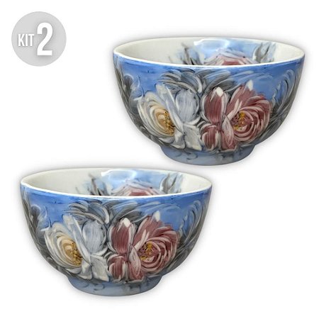 KIT 2 Bowls Tigela Japonesa Cumbuca de Porcelana Açai 500 ml Pintada à Mão ROSAS BRANCA ROSA