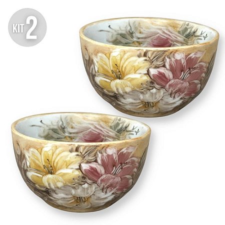 KIT 2 Bowls Tigela Japonesa Cumbuca de Porcelana Açai 500 ml Pintada à Mão AZALEIAS BRANCA ROSA AMARELA