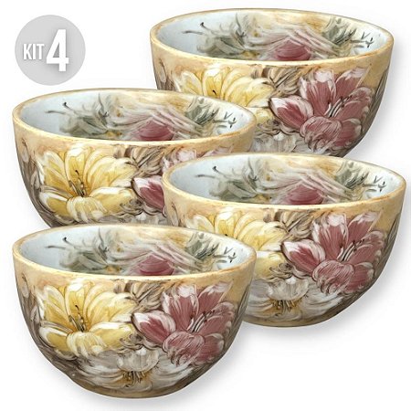KIT 4 Bowls Tigela Japonesa Cumbuca de Porcelana Açai 500 ml Pintada à Mão AZALEIAS BRANCA ROSA AMARELA