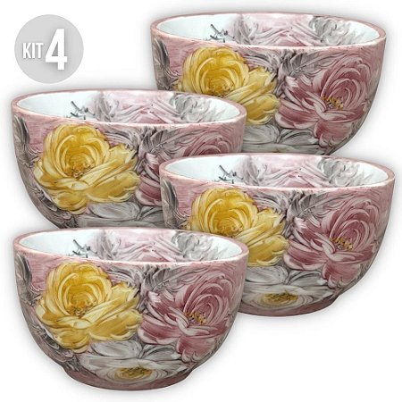 KIT 4 Bowls Tigela Japonesa Cumbuca de Porcelana Açai 500 ml Pintada à Mão ROSAS AMARELA ROSA BRANCA