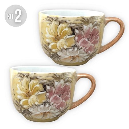 KIT 2 Caneca Jumbo 500 ml Consumê de Porcelana Xícara Grande Pintada à Mão AZALEIAS BRANCA AMARELA ROSA