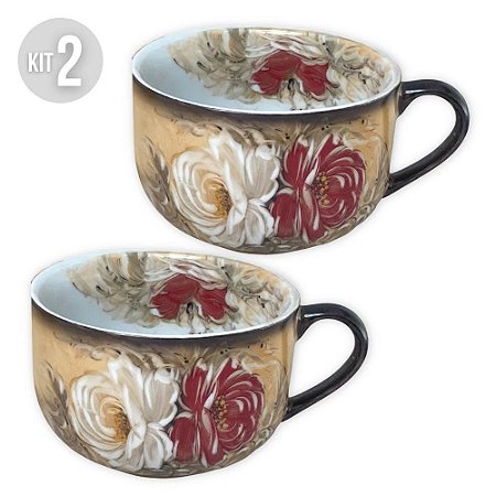 KIT 2 Consumê Jumbo Porcelana Xícara Grande Sopa Cereal 750 ml Pintada à Mão ROSAS BRANCA VERMELHA