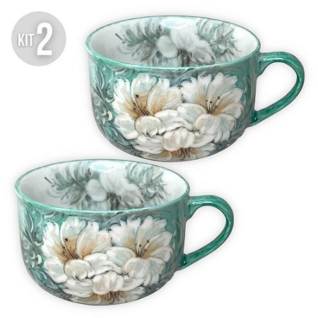 KIT 2 Consumê Jumbo Porcelana Xícara Grande Sopa Cereal 750 ml Pintada à Mão AZALEIA BRANCA