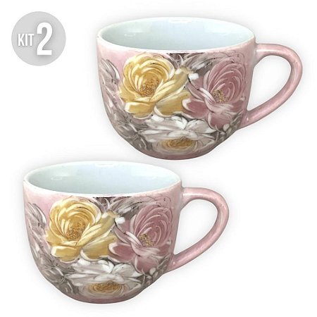 KIT 2 Caneca Jumbo 500 ml Consumê de Porcelana Xícara Grande Pintada à Mão ROSAS BRANCA ROSA AMARELA