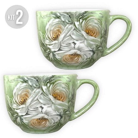 KIT 2 Caneca Jumbo 500 ml Consumê de Porcelana Xícara Grande Pintada à Mão ROSAS BRANCA