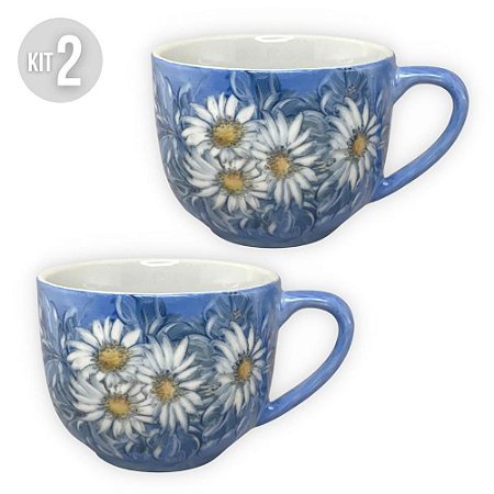 KIT 2 Caneca Jumbo 500 ml Consumê de Porcelana Xícara Grande Pintada à Mão MARGARIDAS BRANCAS
