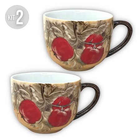 KIT 2 Caneca Jumbo 500 ml Consumê de Porcelana Xícara Grande Pintada à Mão MAÇAS FRUTAS VERMELHAS