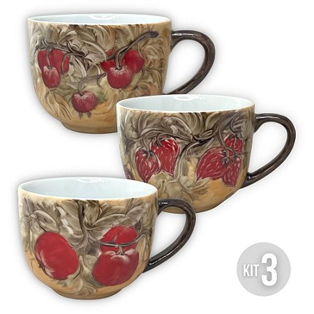 KIT 3 Canecas Jumbo 500 ml Consumê de Porcelana Xícara Grande Pintada à Mão FRUTAS VERMELHAS