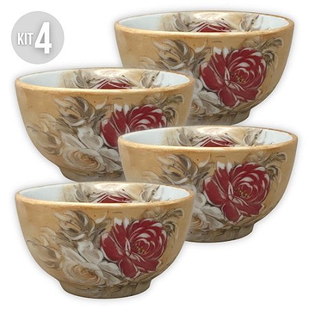 KIT 4 Bowls Tigela Japonesa Cumbuca de Porcelana Açai 500 ml Pintada à Mão ROSAS BRANCA VERMELHA