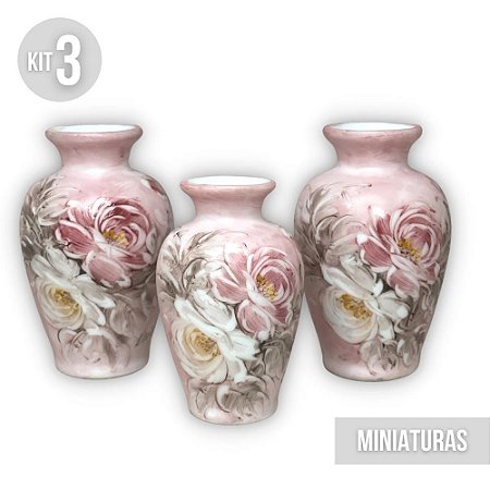 KIT 3 Mini Vasos Decorativos de Porcelana Coleção Mini Funil Pintado à Mão ROSAS BRANCA ROSA