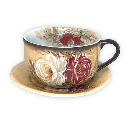 Caneca Jumbo com Prato Consumê de Porcelana 750 ml Xícara Grande de Sopa Cereal Pintada à Mão ROSAS BRANCA VERMELHA