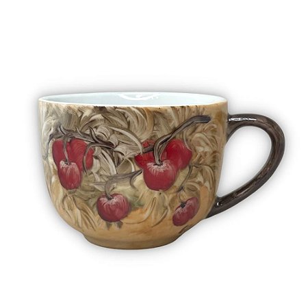 Caneca Jumbo Porcelana Xícara Grande Sopa Cereal 500 ml Pintada à Mão FRUTAS CEREJAS VERMELHAS