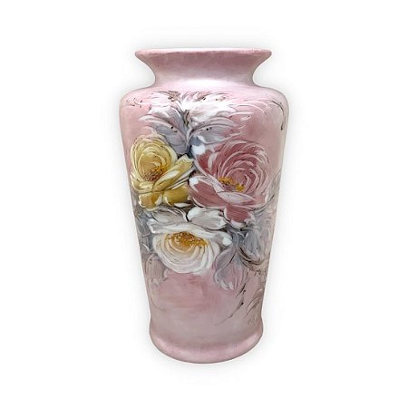 Vaso de Porcelana para Flores Jarro de Louça Grande Pavão 19 cm Pintado à Mão FLORAL ROSAS BRANCA ROSA AMARELA