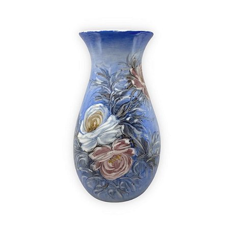 Vaso de Porcelana para Flores Jarro de Louça Grande Ampulheta 19 cm Pintado à Mão FLORAL ROSAS BRANCA ROSA