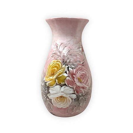Vaso de Porcelana para Flores Jarro de Louça Grande Ampulheta 19 cm Pintado à Mão FLORAL ROSAS BRANCA ROSA AMARELA