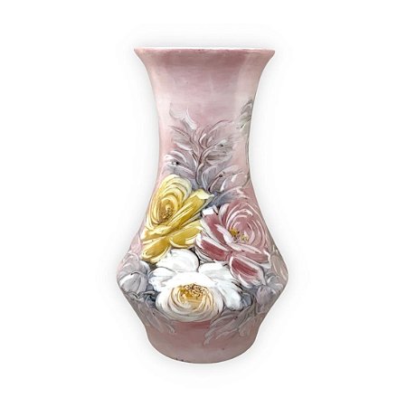 Vaso de Porcelana para Flores Jarro de Louça Grande Oriental 19 cm Pintado à Mão FLORAL ROSAS BRANCA ROSA AMARELA