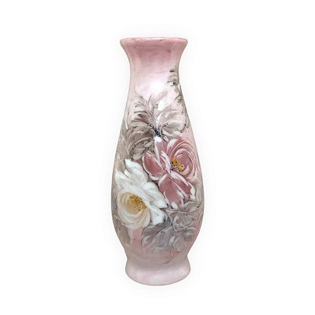 Vaso de Porcelana para Flores Jarro de Louça Médio Solitário 17 cm Pintado à Mão ROSAS BRANCA ROSA