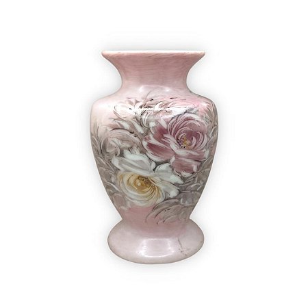 Vaso de Porcelana para Flores Jarro de Louça Médio Bojudo 13 cm Pintado à Mão FLORAL ROSAS BRANCA ROSA