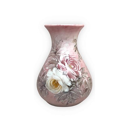 Vaso de Porcelana para Flores Jarro de Louça Médio Gota 13 cm Pintado à Mão FLORAL ROSAS BRANCA ROSA