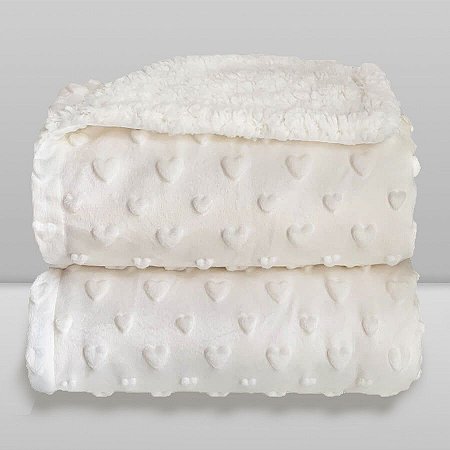 Cobertor Plush com Sherpa Hearts Branco 0,90X1,10